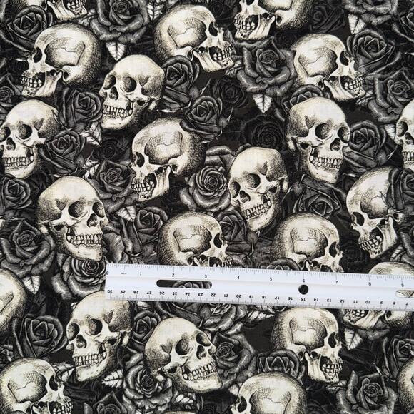 Grayscale Skulls & Roses Cotton Fabric - 7/8 Yard - Halloween - Picture 2 of 6